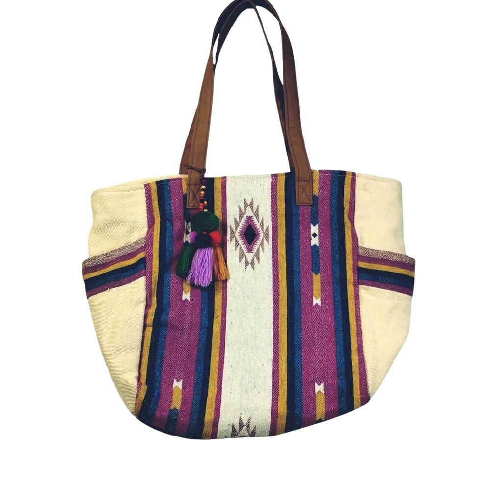 Boho Aztec Southwestern Canvas Tote Bag Satchel Beads Tassels Pockets Handles